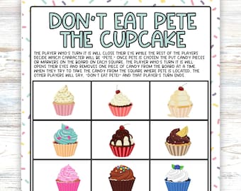 Don't Eat Pete the Cupcake, Fun Easy Birthday Party Activity or Kids Slumber Party,  Printable Board Game, Classrooms, or Family Game Night