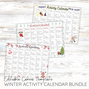 May include: A bundle of three printable activity calendars featuring winter and holiday themes. Each grid displays days of the week with scheduled events, decorated with illustrations of Santa, Christmas trees, gifts, and candy canes. Text includes Happy Activity Calendar New Year.