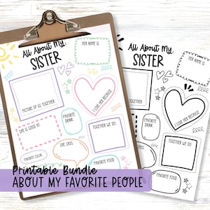 Alles über meine Schwester und-oder meine Lieblingsmenschen Geschenkset zum Ausdrucken, Geburtstagskarte, Andenken Geschenk von Kindern, über mich Aktivität