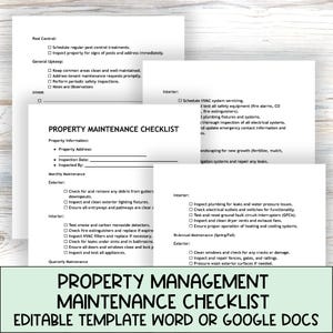 May include: A printable property maintenance checklist template for managing a property. The checklist includes sections for pest control, general upkeep, monthly maintenance, quarterly maintenance, and bi-annual maintenance. The checklist is editable and can be used with Microsoft Word or Google Docs.