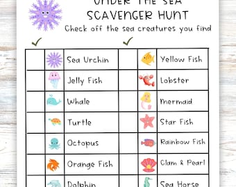 Ocean Animal Scavenger Hunt, Under the Sea Birthday Party Activity, Homeschool Resource, Classroom Party Game, Includes Cut Outs & Checklist