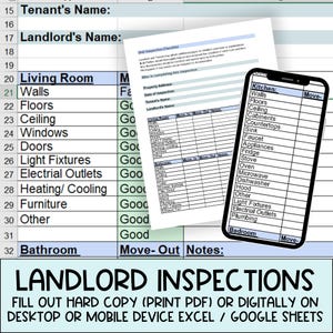 Inspections Spreadsheet Checklist Template for Landlord, Tenant Property Walkthrough,  Editable Rental Property Move-in and Move-out Forms