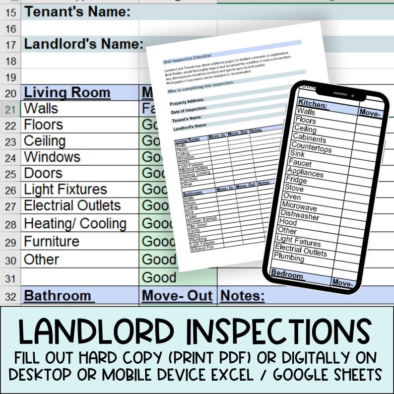 Tenant Inspection Worksheet.pdf Inspections Spreadsheet Checklist Template for Landlord, Tenant ...