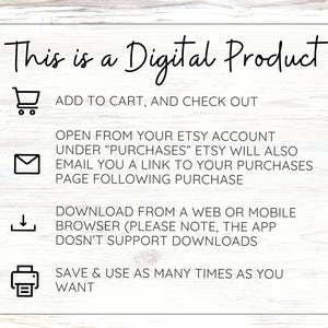 May include: A digital product instruction graphic with black text on a white background. It lists steps: Add to cart and check out, open from Etsy purchases, download from a web or mobile browser, and save and use as many times as you want.