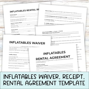May include: A printable document template for inflatable rental agreements. The document includes sections for rental details, waiver, and rental agreement. The document is designed for use by inflatable rental companies.