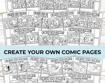 Finish the Comic, Create a Comic Book Coloring Page, Writing and Drawing Activity, 40 Story Panels, Printable Pages
