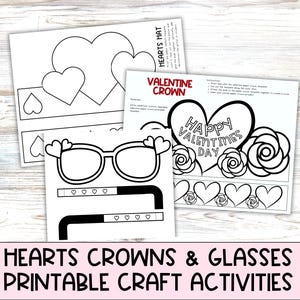 Valentine Day Coloring Bundle, Drawing, Coloring Bookmarks, Heart Crown Hat & Glasses, Color By Number, Class or Homeschool Craft Activity