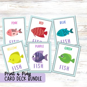 Go Fish & Playing Card Deck Ocean Animal Themed Printable Games for Kids, Includes Memory, Slap Jack, Old Maid, Color Flash Cards