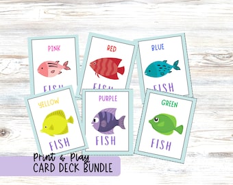 Go Fish & Playing Card Deck Ocean Animal Themed Printable Games for Kids, Includes Memory, Slap Jack, Old Maid, Color Flash Cards