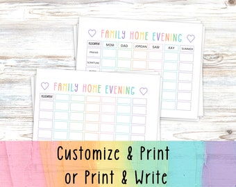 Printable Family Home Evening Chart Participation Assignments Editable Template FHE Board Come Follow Me Lesson Plans Family Night Activity