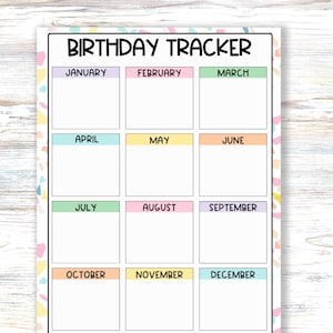 Birthday Tracker, Family Birthday  Calendar, Classroom Birthday Chart, Month to Month Reminder or Yearly Planner Insert Printable Page