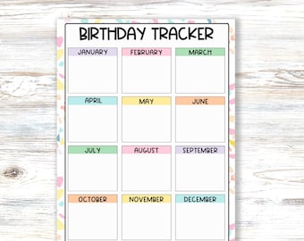 Birthday Tracker, Family Birthday  Calendar, Classroom Birthday Chart, Month to Month Reminder or Yearly Planner Insert Printable Page