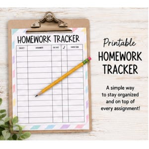 May include: A brown clipboard holding a printable homework tracker sheet with a pastel striped border. The sheet features columns for subject, assignment, due date, a checkmark, and parent sign. A yellow pencil rests diagonally on the paper.