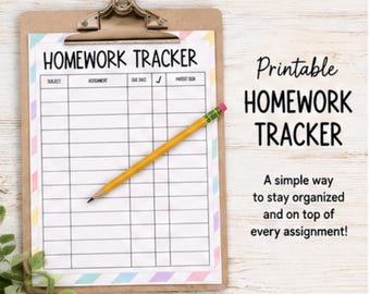 Homework Tracker, Assignment Due Date Log,  Homework To-Do Checklist, Parent Sign Off Completed Assignments by Subject, Printable for Kids