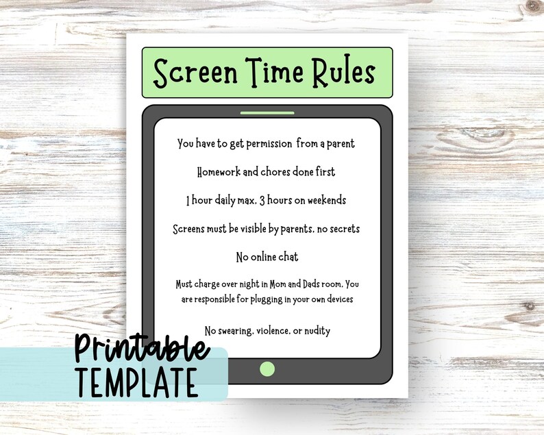 Screen Time Rules Editable Template, Screen Safety Rules Families and