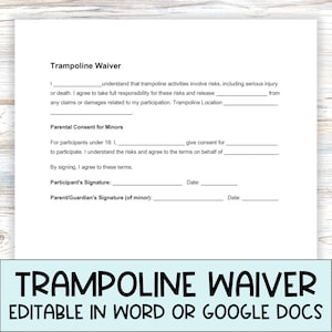 Modello di rinuncia al trampolino, accordo di manleva, assunzione del rischio di lesioni, modulo di autorizzazione del tutore legale, esonero di responsabilità del proprietario di casa