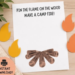 Pin the Flame on the Campfire Wood Game, Pin the Tail Game, Camping Theme Summer Birthday Party Game, Printable Activity