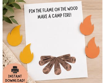 Pin the Flame on the Campfire Wood Game, Pin the Tail Game, Camping Theme Summer Birthday Party Game, Printable Activity