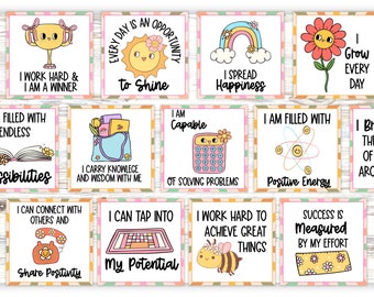 Daily Affirmation Cards for Kids, Back to School Quote Cards, Lunch Box Notes, Classroom Posters, 50 Cards Printable PDF or Digital PNG File