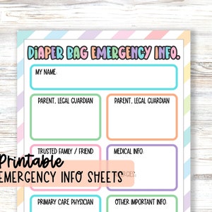 Family Emergency Information Sheet , Baby Sitter Printable, Diaper Bag in Case of Emergency for Kids, Parents Post on Fridge Kids Home Alone