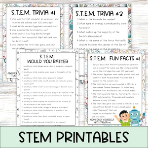 May include: A set of printable STEM trivia and fun facts cards featuring a robot and a cartoon character. The cards are designed to be educational and engaging for children. The cards include questions about science, technology, engineering, and mathematics.