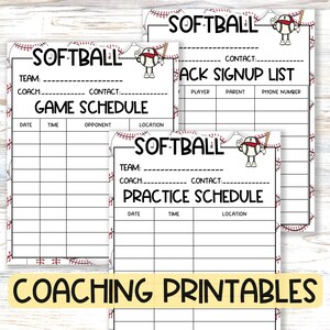 Könnte beinhalten: Drei druckbare Softball-Trainingsblätter mit einem Softball-Spieler aus einem Cartoon. Die Blätter beinhalten einen Spielplan, einen Trainingsplan und eine Rückmelde-Anmeldeliste.