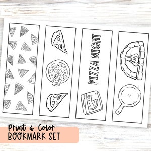 以下が含まれることがあります： ピザをテーマにしたイラストが描かれた、白黒の印刷可能なブックマーク4枚セット。ブックマークには、ピザの切れ端、ピザ窯、ピザの箱、ピザの切れ端のパターンが含まれています。ブックマークの1枚には「Pizza Night」という文字が書かれています。ブックマークの下には「Print & Color Bookmark Set」という文字が書かれています。