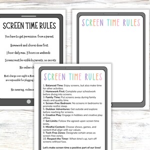 May include: Three rectangular printables shaped like tablets with black borders. One features black text listing screen time rules. Another has the colorful title SCREEN TIME RULES with blank space. The third has the same title and ten numbered rules.