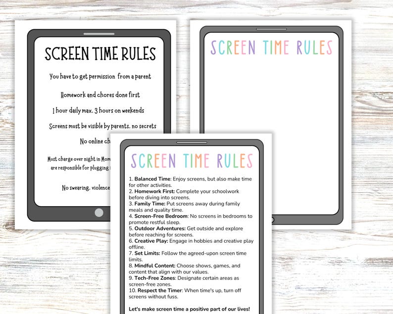 May include: Three rectangular printables shaped like tablets with black borders. One features black text listing screen time rules. Another has the colorful title SCREEN TIME RULES with blank space. The third has the same title and ten numbered rules.