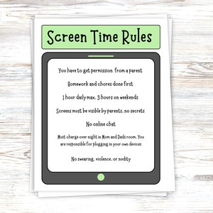 May include: A printable sign with screen time rules for kids. The sign is in the shape of a smartphone with a gray background and a green top bar. The rules include getting permission from a parent, completing homework and chores first, limiting screen time to one hour daily and three hours on weekends, keeping screens visible to parents, no online chat, charging devices overnight in the parents' room, and no swearing, violence, or nudity.
