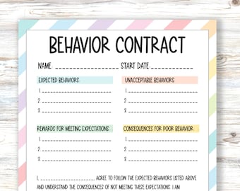 Behavior Contract Printable Actions and Consequences Agreement Form, Classroom Management, Home Behavior Chart, Boundaries Visual Worksheet
