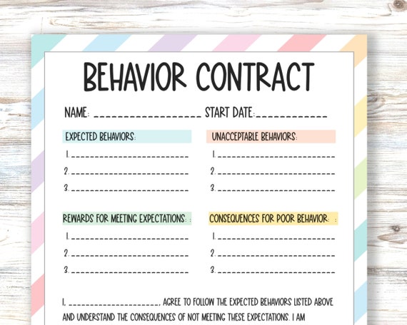 Behavior Contract Printable Actions and Consequences Agreement Form, Classroom Management, Home Behavior Chart, Boundaries Visual Worksheet
