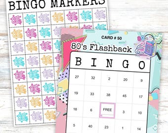80's Flashback Bingo, Include Number Calling Cards, Bingo Bucks, Markers, and 50 Retro Themed Printable Boards, Senior's Birthday Party Game