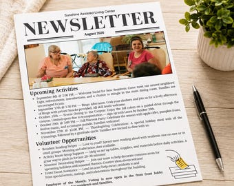 Newsletter  for Activity Directors and Long Term Care Professionals, Editable Canva Template, Upcoming Activity Notices, Updates, Spotlights