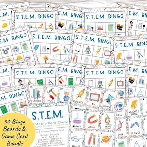 May include: A collection of S.T.E.M. Bingo game boards and printable card decks featuring colorful illustrations of scientific tools, planets, and laboratory equipment. The cards include labels such as rocket, magnet, beaker, and DNA, with a yellow circular overlay stating 50 Bingo Boards & Game Card Bundle.