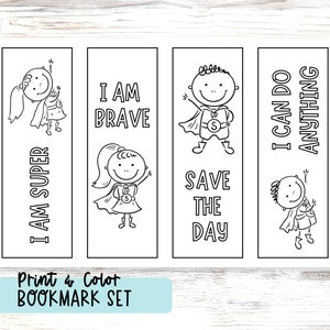 ENSEMBLE DE SIGNETS À COLORIER, cartes d'affirmation positive de super-héros, cadeau d'anniversaire, mage de livre de coloriage, incitation à la lecture pour enfants, téléchargeable