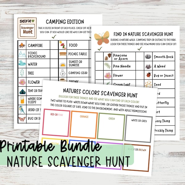 Nature Scavenger Hunt Bundle Outdoor Game for Kids Printable Camping Activity Family Yard Games Alphabet Scavenger Selfie Scavenger