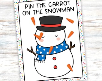 Spelletje 'Prik de neus op het rendier' en 'Prik de wortel op de sneeuwpop', spel 'Prik de staart op de ezel' voor een klassenfeest, printbaar materiaal voor een familiereünie, activiteit voor senioren