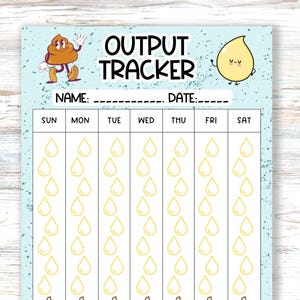 May include: A light blue Output Tracker chart with the text "OUTPUT TRACKER". The chart includes spaces for the name and date, and a weekly grid with drop icons. Cartoon illustrations of a poop and a teardrop are on the top.