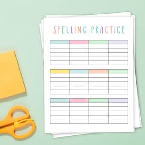 printed page titled spelling practice. 12 spots for spelling words and 5 places under to practice writing the spelling words.