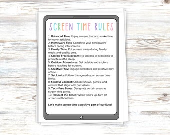 Plantilla editable de reglas sobre el tiempo de pantalla, reglas de seguridad para familias y niños, lista de verificación para después de la escuela, reglas de la casa para dispositivos y teléfonos en línea.
