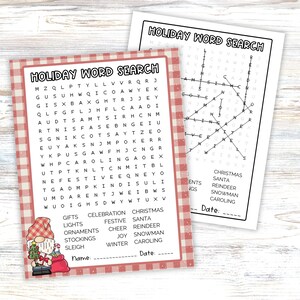 May include: A printable holiday word search puzzle with a red and white gingham background. The puzzle features a list of holiday words such as gifts, lights, ornaments, stockings, sleigh, celebration, festive, cheer, joy, winter, Christmas, Santa, reindeer, snowman, and caroling.