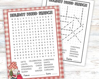 Christmas Word Game Puzzle Printable Worksheet Bundle, Holiday Word Search, Word Scramble and Decoder Secret Message, Festive Party Activity