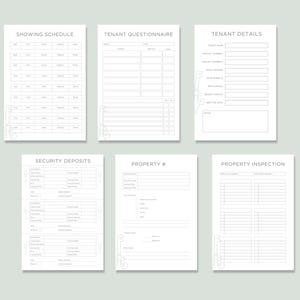 Multiple Printed Pages with Various Titles. Rental Property Planner with 25 Printable Pages.