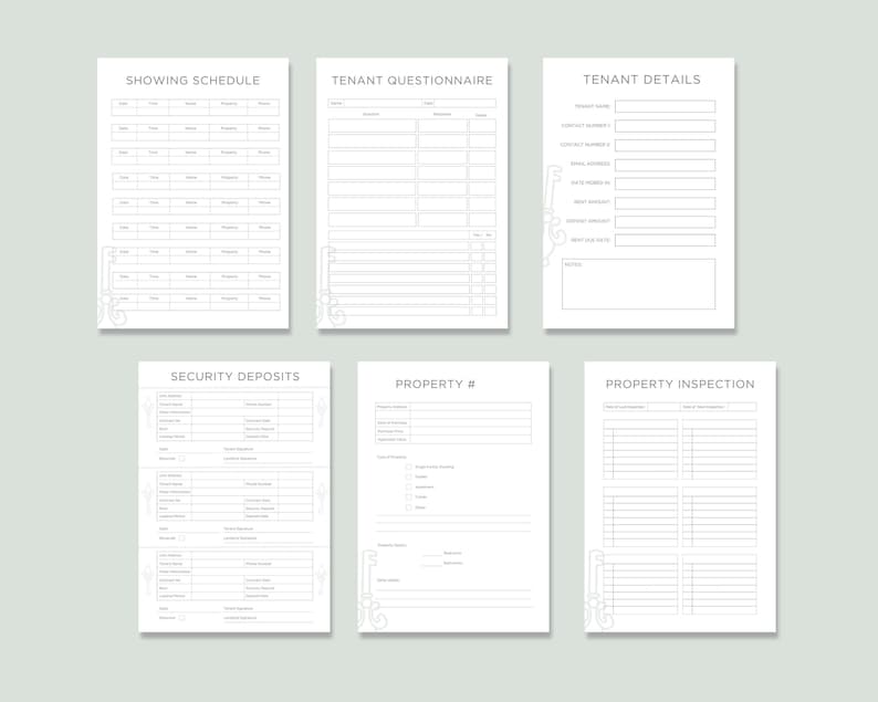 Multiple Printed Pages with Various Titles. Rental Property Planner with 25 Printable Pages.