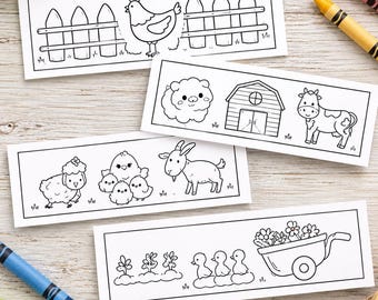 May include: Four rectangular paper bookmarks featuring black and white line art illustrations of farm scenes, including a chicken by a fence, a sheep, a barn, a cow, a goat, chicks, and a wheelbarrow filled with flowers, surrounded by crayons.