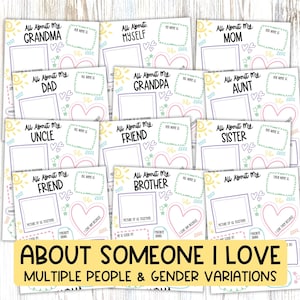 Über meine Familie und Freunde, druckbares Mutter- und Vatertagsandenken, Geburtstagsgeschenk für Großeltern von Kindern, inklusive Arbeitsblatt