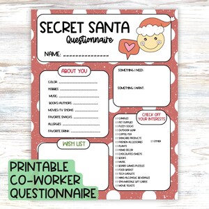 Secret Santa Office Gift Exchange Wants & Needs Wishlist Survey for Co-workers or teachers, Office Spotlight About You Interest Checklist