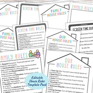 May include: A collection of printable house rules templates featuring various designs with headings like Our House Rules, Family House Rules, and Screen Time Rules, printed in colorful text on white paper with black outlines and icons.