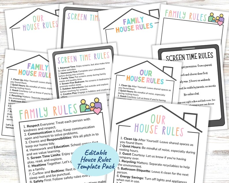 May include: A collection of printable house rules templates featuring various designs with headings like Our House Rules, Family House Rules, and Screen Time Rules, printed in colorful text on white paper with black outlines and icons.